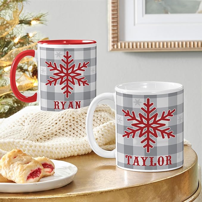 Let's Make Memories Personalized Mug - Christmas Holiday Stocking Stuffer - Ceramic Coffee Mug - Buffalo Plaid Snowflake - White Handle - 15 oz.
