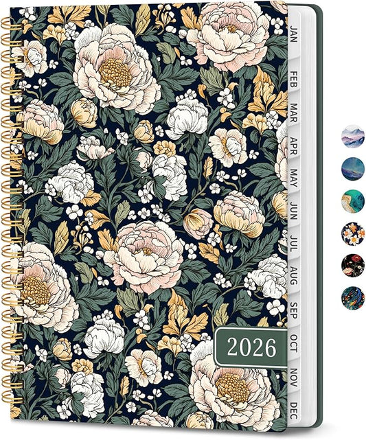2026 Planner, Monthly and Weekly Calendar Planner for Women, Jan 2026 - Dec 2026, Hardcover Pretty 2026 Agenda Planner Book with Tabs, Spiral Bound, Perfect for School Office Home Supplies, 6.3" x 8.5" - Dark Peony