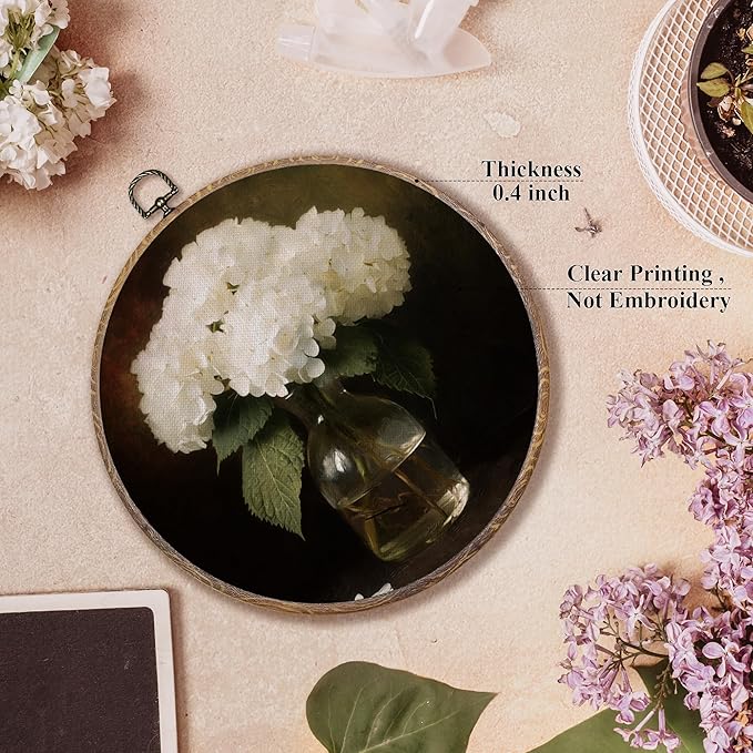 FUGWN Vintage White Hydrangea Floral Round Wall Art Decor Framed, Retro Cottagecore Hydrangea Canvas Artwork Prints, Dark Moody Flower Wall Hanging Decorations for Home Bedroom Living Room, 10x10 Inch