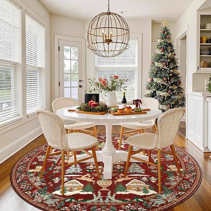 jinchan Round Christmas Rug for Dining Room 7ft Maroon Circle Holiday for Living Room Printed Christmas Tree and Cabin Rug 7' Soft Indoor Carpet for Bedroom Washable Non-Slip Winter Xmas Decor