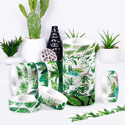 12 Rolls Greenery Washi Tape Set, Summer Tropical Leaves Masking Tape, Green Plants Cactus Succulents Decorative Tape Sticker for Scrapbook Journal DIY Craft Gift Wrapping 16.4FT
