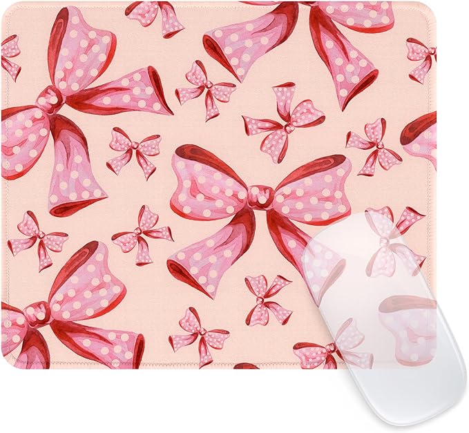Seorsok Square Aesthetic Oversized Pink Polka Dot Bows Mouse Mat,Premium Textured Mouse Pads for Office Laptop,Washable Square Mousepads with Extended Stitched Edges Non Slip Rubber Base