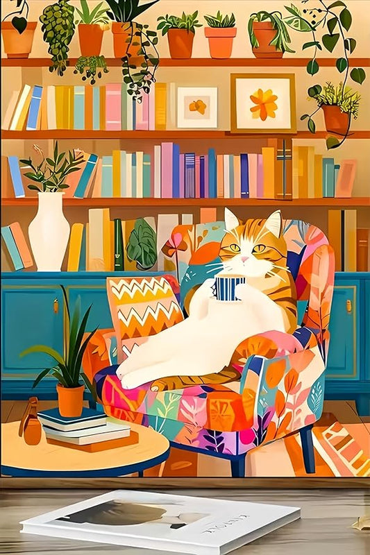 Painting by Numbers Kit for Adults Beginner,Charming Cat Bookshelf Color by Numbers for Adults,Adult Paint by Number Kits on Canvas,Paint by Numbers Easy Oil Painting for Home Wall Decor11.8X15.8 Inch