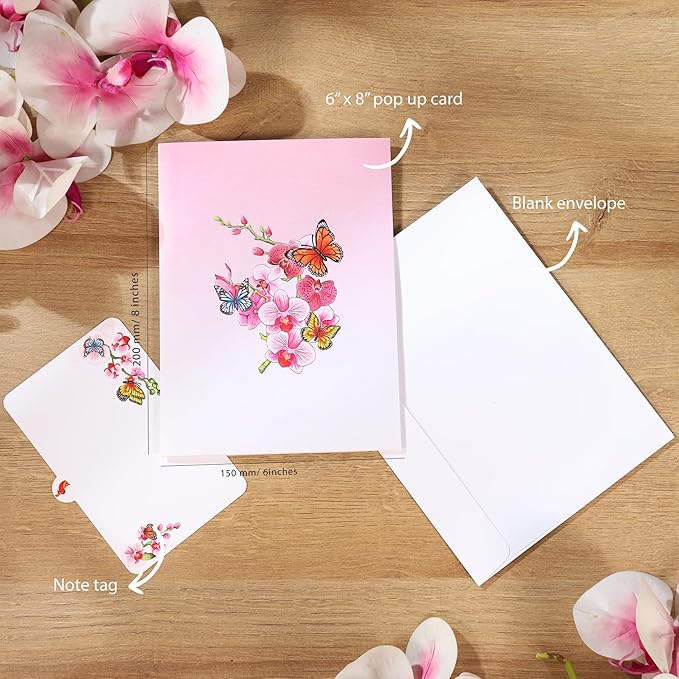 Orchids Flower Pop Up Birthday Card for Women, Wife; 3D Butterfly on Orchid Gift Card for Mother's Day, Thinking of You, Valentines, Thank You, All Occasion for Her, Mom, Sister, Grandma, Daughter