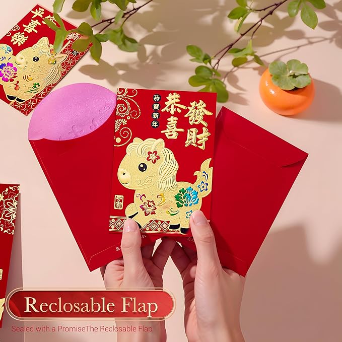 36pcs Red Envelopes Chinese New Year, Chinese Traditional Lucky Money Hong Bao Red Envelope Pockets for 2026 Spring Festival, Lunar New Year, 6 Cartoon Horse Designs,M