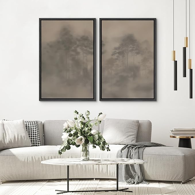 SIGNWIN Framed Canvas Print Wall Art Set Foggy Pine Forest Minimalist Monochrome Nature Illustrations Modern Art Scenic Colorful for Living Room, Bedroom, Office - 24"x36"x2 Black