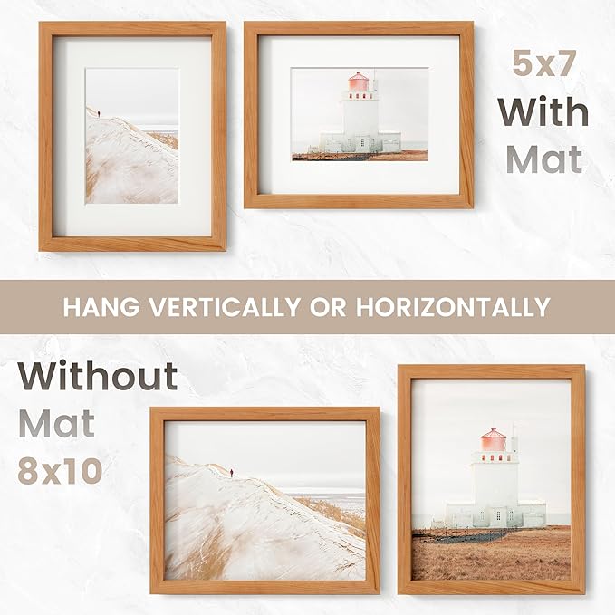 8x10 Picture Frame, USA-Sourced Natural Cherry Wood Photo Collage Frame with HD Tempered Glass, Modern Simple 8 x 10 Wooden Frame Matted to 5x7, Gallery Wall Frames for Art, Wall or Tabletop Display