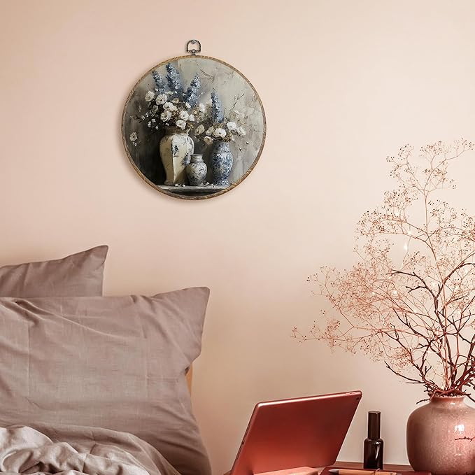 FUGWN Vintage Floral Round Wall Art Decor Framed, French Country Elegant Floral Canvas Artwork Prints, Farmhouse Blue and White Flower Wall Hanging Decorations for Home Bedroom Living Room, 10x10 Inch