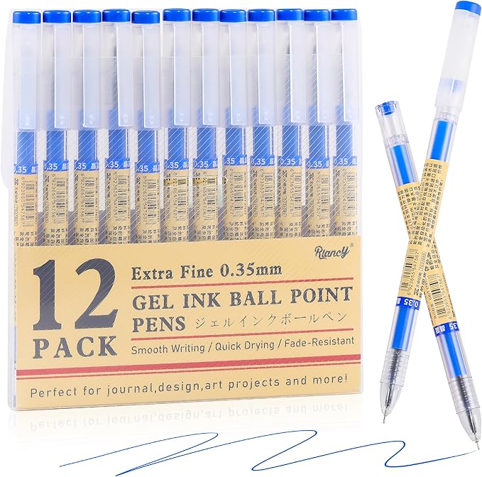 RIANCY 12 Pack Blue Gel Ink Pens, 0.35mm Extra Fine Point, Smooth Writing Rollerball Pens, Japanese Style Quick Dry No Smear No Bleed Ballpoint Pens for Journaling Note Taking Office School Supplies