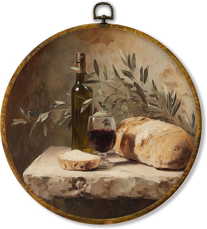 Hiuwevt Vintage Bread Kitchen Round Wall Art Decor, Farmhouse Moody Wine Framed Canvas Prints, Rustic Cottagecore Round Wall Hanging Decor for Bakery Kitchen Dining Room Decorations, 10x10 Inches