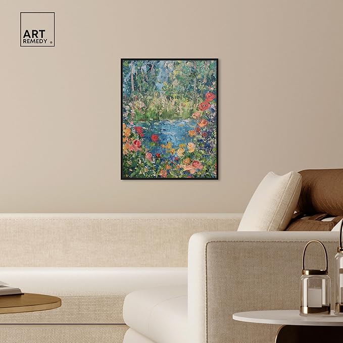 Art Remedy Serene Escape Framed Impressionism 1 Piece Canvas Wall Art/Monet And Van Gogh Inspired Art, 21" x 25", Black Frame