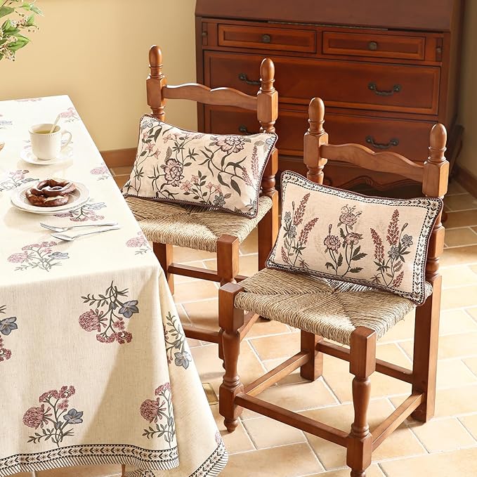 ISAENNE Design Linen Vintage Lumbar Square Round Throw Pillow Covers Set of 4, French Country Cushion Covers with Pink Blue Floral Pattern Decoration Pillowcases for Bed,Living Room,Outdoor,Car