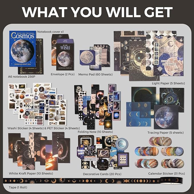 Funto Scrapbooking Kit(154 PCS), Cosmic Series-Cosmic Mystery, Perfect for Bullet Scrapbooking Materials, Planner DIY Arts Craft Collage