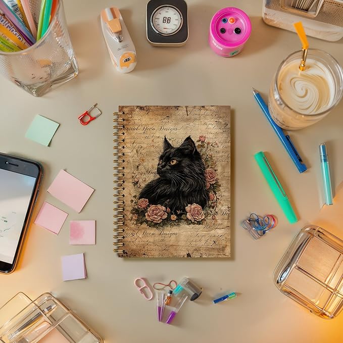 Vintage Moody Black Cat Notebook, Cats Lover Mom Lady Gifts Journal, Cat Office Supplies, Retro Pink Flower Kitten Aesthetic Spiral Journal Notebook, 5.5x8.3 Inch