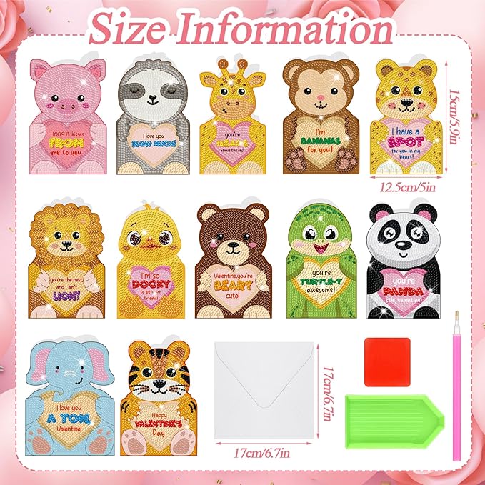 Saillong 12 Pack Valentine's Day Diamond Painting Greeting Card Kit Animal Diamond Art Cards with Envelopes Valentine 5D Rhinestones Painting Making Kits for Adult DIY Craft Family Friend Holiday Gift