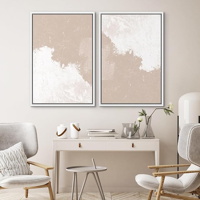 SIGNWIN Framed Canvas Print Wall Art Set Grunge Pastel Paint Stroke Landscape Abstract Shapes Illustrations Modern Art Minimal Decorative Nordic for Living Room, Bedroom, Office - 24"x36"x2 White