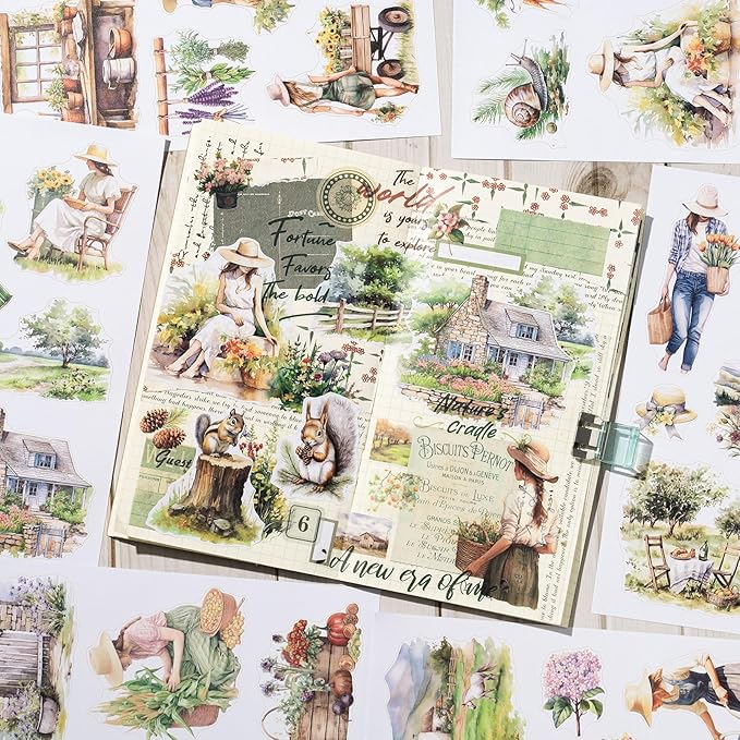 Countryside Journaling Stickers, Junk Journal Sticker for Adults, 20 Sheets Pre-Cut Stickers, Vintage Ephemera Scrapbooking Supplies, Craft Arts