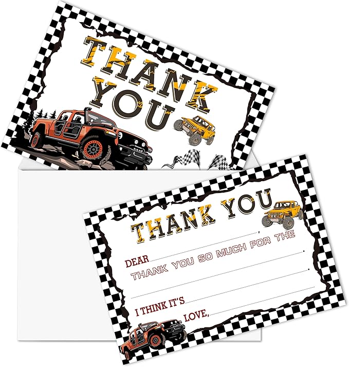 Truck Kids Thank You Cards, Racing Thank You Card For Birthday Party, Kids Birthday Cards Fill In The Blank, 20 Pack Black Greeting Cards With Envelopes For Boys And Girls, 013