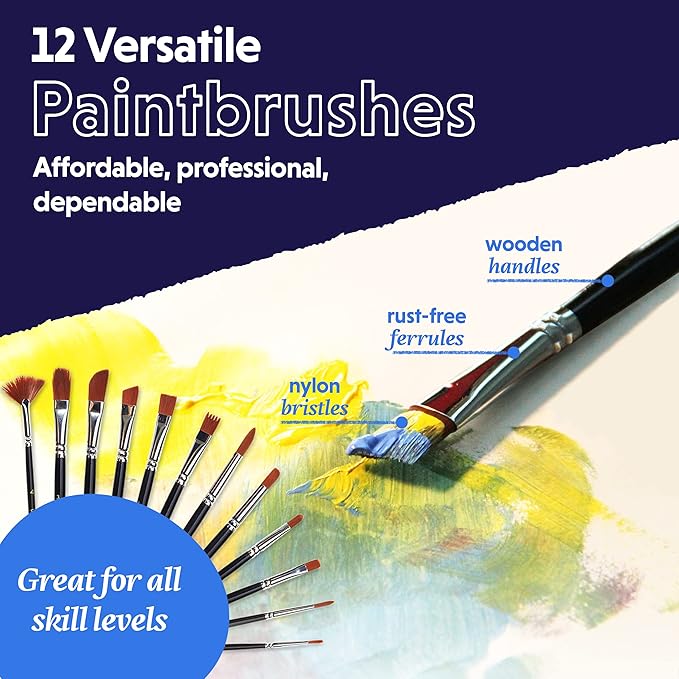 Acrylic Paint Set for Adults and Kids - 24 Pack of 12mL Paints with 12 Art Brushes & 4 Canvases, Non-Toxic Craft Paint for Easter Eggs, Ceramic Rock Paint - Art Supplies