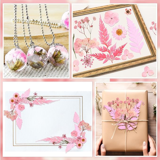 Fabbay 200 Pcs Dried Pressed Flowers Real Dry Natural Flower Leaf Dried Flowers for Resin Pressed Flower Kit for Plant Herbarium Scrapbooking DIY Candle Crafts (Pink)