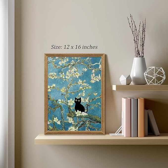 Fantasy Artists Van Gogh's Almond Blossom Funny Black Cat Canvas Wall Art, Oil Painting Posters Home Decor, Vintage Abstract Aesthetic Wall Decorations for Living Room Bedroom, 12'' x 16''