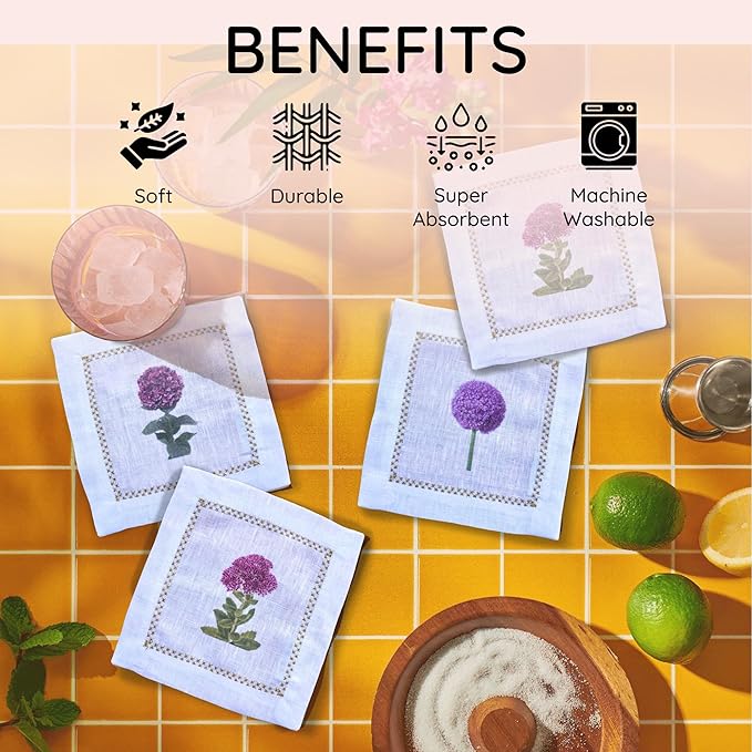 Cocktail Napkins Set of 6, 6x6 inch, 100% Linen, Printed Floral Design, Reusable & Washable Napkin Coasters for Beverages, Parties, Weddings & Everyday Use (Dandelion)