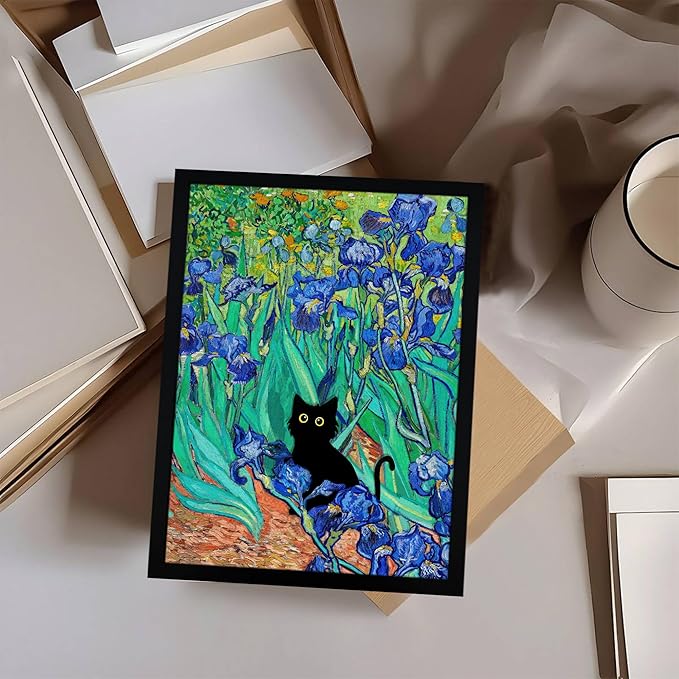 Fantasy Artists Van Gogh Irises Cat Wall Art, Framed Vintage Garden Canvas Wall Decor, Funny Black Cat Poster Prints, Paintings,Bathroom,bedroom,Living Room Artwork Decorations 8" Wide X 10" Height