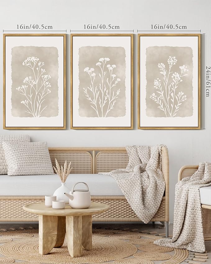 KUVIOKE Boho Botanical Flower Framed Wall Art Farmhouse Vintage Floral Wall Painting Rustic Wildflower Neutral Prints Artwork Home Decor 16x24in (Natural Framed)