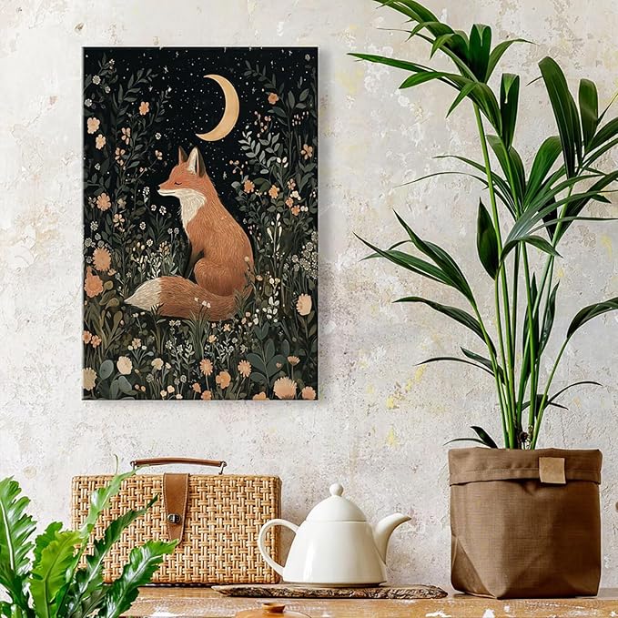Fairytale Dreamy Fox Wall Art Vintage Moonlit Forest Floral Plant Night Canvas Poster Print Whimsical Nature Aesthetic Picture Decor for Nursery Living Room Bedroom Office 24x36inch Unframed