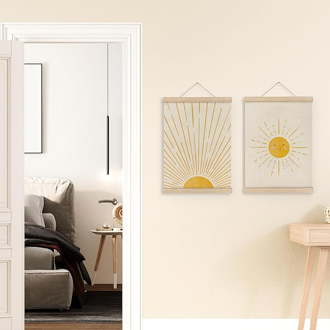 MAQIKA Boho Sunshine Poster Framed With Wood Hanger Set of 2, Sun Nursery Wall Decor, Smiling Sunshine Hanging Art, Bohemian Sunset Canvas for Kids Room 12x16 Inch