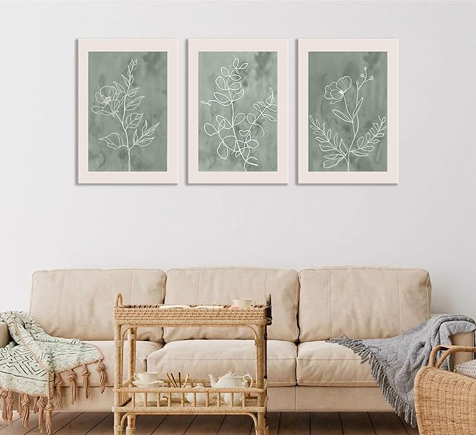 3Pcs Sage Green Botanical Wall Art Line Drawing Floral Canvas Poster Prints Modern Abstract Minimalist Picture Neutral Boho Artwork Simple Painting Wall Decor for Living Room Bedroom 12x16in Framed