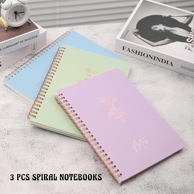 3 Pcs Spiral Notebooks For Women - Aesthetic College Ruled Journal/Notebook with Large Pockets & 7mm 60 Sheets Lined Pages - for School and Office Supplies（A5, 5.7" x 8.3"）