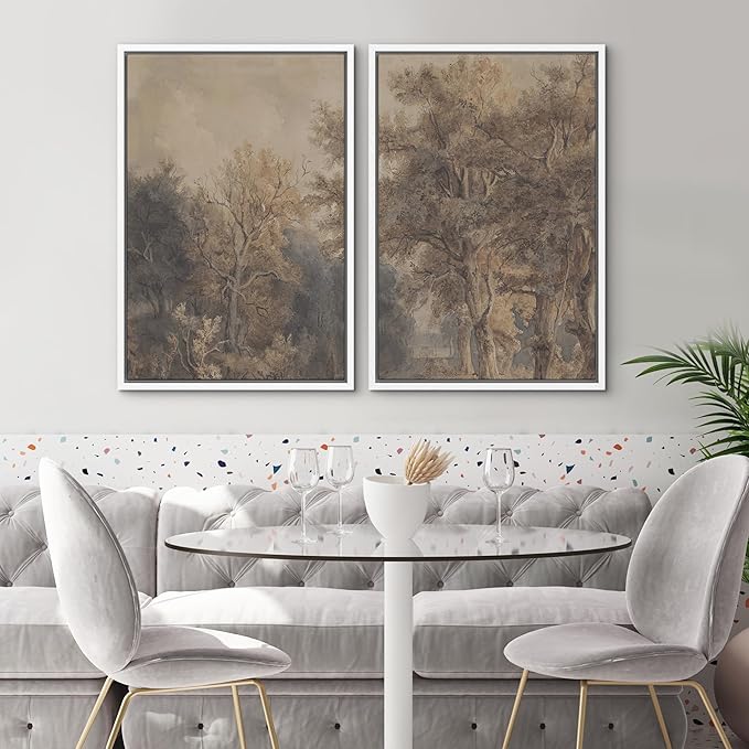 SIGNWIN Framed Canvas Print Wall Art Set Vintage Tree Sketch Classic Sepia-Toned Forest Illustrations Modern Art Scenic Colorful for Living Room, Bedroom, Office - 24"x36"x2 White