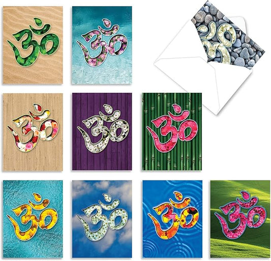 The Best Card Company - 10 Blank Note Cards Assortment for Men and Women (4 x 5.12 Inch) - Zen Patterns and Symbols, Bulk Boxed Set - Om Blooms M3971