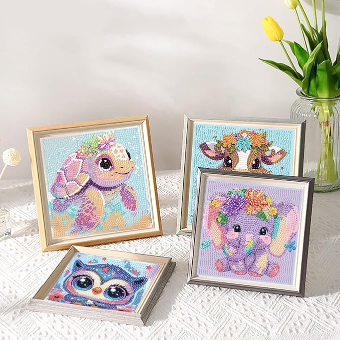 Acelii 6 Pack 5D Cartoon Diamond Painting Kits for Kids Beginners,Cute Animals DIY Diamond Art Kit for Kids,Full Round Drill Big Gem Art for Kid,Home Wall Decoration 6X6 inch