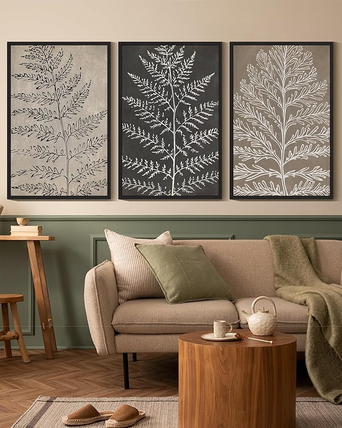 KUVIOKE Vintage Botanical Framed Wall Art Bohemian Tan Plant Leaf Wall Decor Nature Fern Plant Silhouette Wall Painting Home Decor 16x24in (Black Framed)