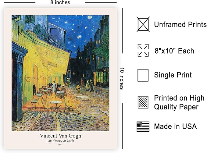 Monem Art Vintage Van Gogh Poster - Retro Cafe Terrace at Night Print - Impressionism Art - Fine Illustration - Classic Painting Design - Aesthetic Living Room or Bedroom Wall Decor - 8x10 UNFRAMED Wall Print