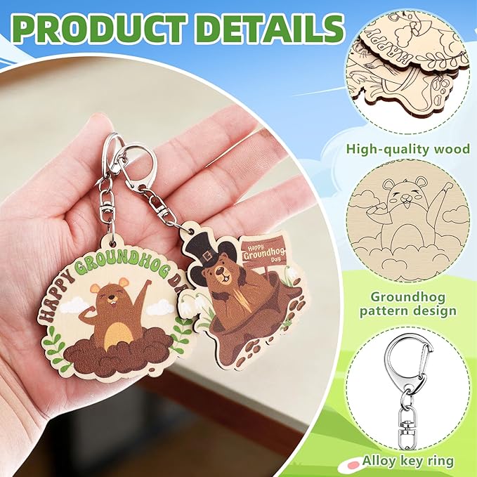 16 Pcs Groundhog Craft Kits Unfinished Crafts Color Your Own Wooden Keychains Happy Groundhog Day Gifts Make Your Own Keychain Animals Themed Party Favors for Birthday Classroom Home DIY Craft