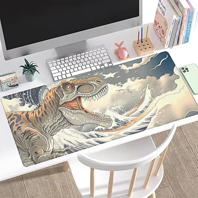 Dinosaur Wave Gaming Mouse Pad, Office Desk Mat, Anti-Slip Rubber Base Cool Aesthetic Mouse Pads for Computer Laptop Keyboard School Home Desktop Gamer Home Accessories Decor 31.5" x 11.8"