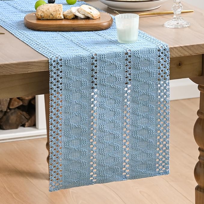 Artoid Mode Sky Blue Farmhouse Woven Rustic Hollow Table Runner, Seasonal Holiday Hollow Kitchen Dining Table Decoration for Home Party Decor 12x108 Inch