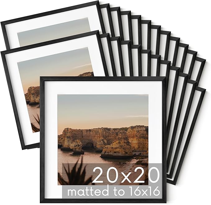 HAUS AND HUES 20x20 Black Metal Picture Frames Matted to 16x16 - Features Premium Aluminum & Hanging Hardware, Shatterproof Plexiglass - Ideal for Home, Room, Office (20x20 in, Black, Set of 25)
