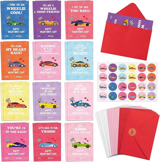 TICIAGA 72pcs Valentine’s Day Racing Car Greeting Cards with Envelop and Sticker for Kid, 4 x 6 IN Adorable Race Car Notecard Exchange Gift for Boy Girl School Classroom Supply, Valentines Party Favor