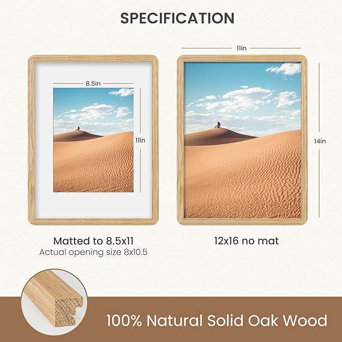 Dreamland 12x16 Picture Frame, Solid Oak Wood Photo Frame with Mat for 8.5x11, Round Corner 12 x 16 Matted Picture Frames with Resistant Plexiglass for Wall Mounting or Tabletop, Oak Color, Set of 1
