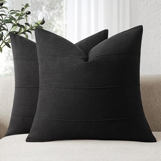 ZWJD Decorative Linen Throw Pillow Covers 16x16 Set of 2 Solid Handcrafted Striped Cushion Covers for Bed Soft Modern Farmhouse Neutral Pillowcase for Couch Bedroom Living Room Home Decor(Black)