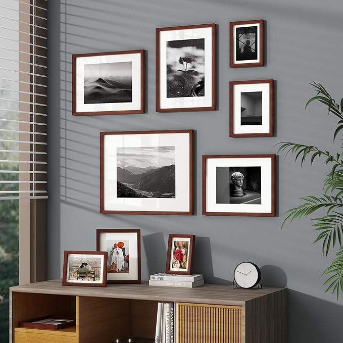 16x16 Picture Frame, USA-Sourced Natural Mahogany Wood Photo Collage Frame with HD Tempered Glass, Modern Simple 16 x 16 Wooden Frame Matted to 12x12, Gallery Wall Frames for Art