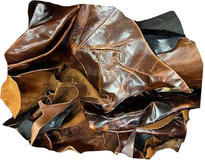 ELW Oil Tanned Leather Scraps | 4-6 oz (1.6-2.4 mm) Medium Weight | Size: 4 LB | Genuine Cowhide Full Grain Leather Remnants for Crafting, Ideal for DIY Leatherworking Projects | Color: Mixed Whiskey