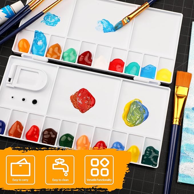 Watercolor Palette, Halobios Paint Palette with 20-Well and 5 Mixing Areas, Folding Paint Tray with Thumbhole and Paint Brush Holder, Plastic Painting Palette for Kids Beginners Artists(1 Pack)