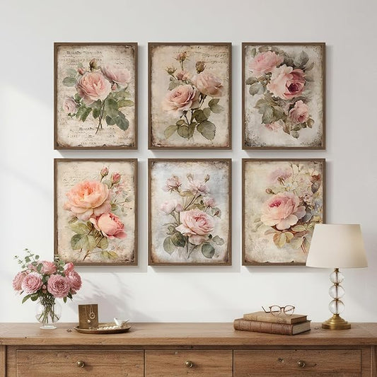 Framed Vintage Floral Wall Art, Set of 6 Retro Botanical Flower Canvas Painting Prints Artwork for Rustic Farmhouse, Elegant Pink Rose Pictures for Bedroom Living Room Kitchen Office Home Decor, 11x14