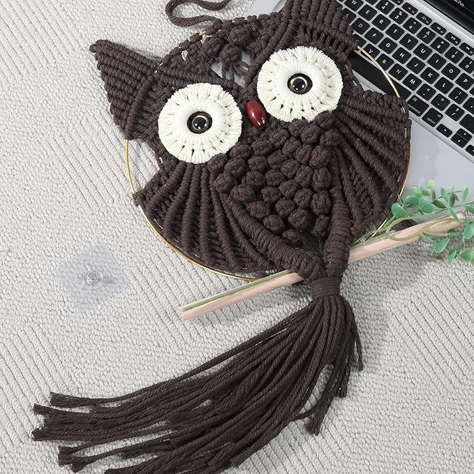 MVSUTA Owl Chocolate Cotton Handmade Macrame Wall Hanging Tapestry Home Decor Art and Bronze Craft Wonderful Decoration Woven Boho Ornament for Office Bedroom Apartment Living Room Nursery Gallery,1pc