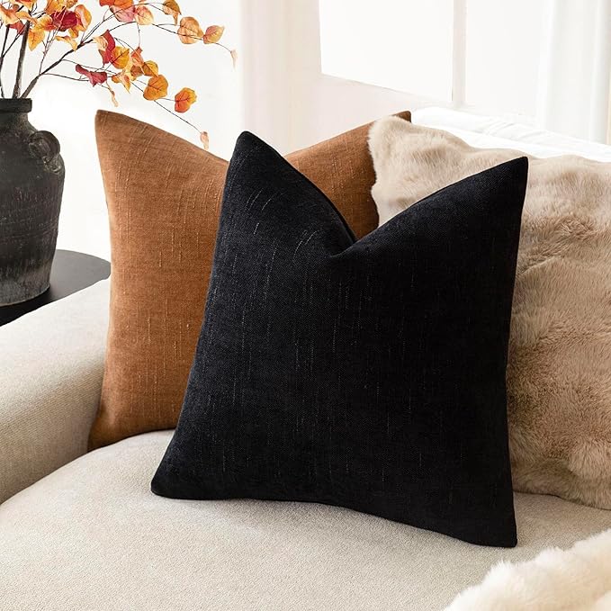 Foindtower Pack of 2 Soft Textured Chenille Throw Decorative Pillow Covers Square Accent Solid Cushion Cover Cozy Farmhouse Pillow Case with Zipper for Couch Sofa Bedroom Living Room 26x26 Inch, Black